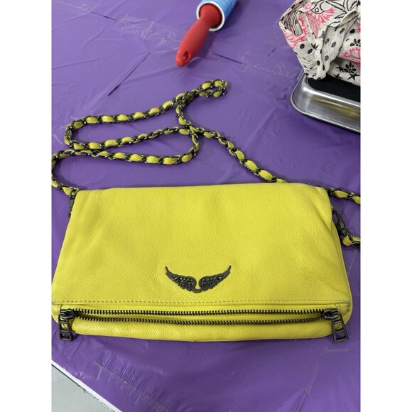 Zadig & Voltaire Rock Pebbled Leather Shoulder/crossbody/clutch Bag Yellow Chain - Picture 1 of 16